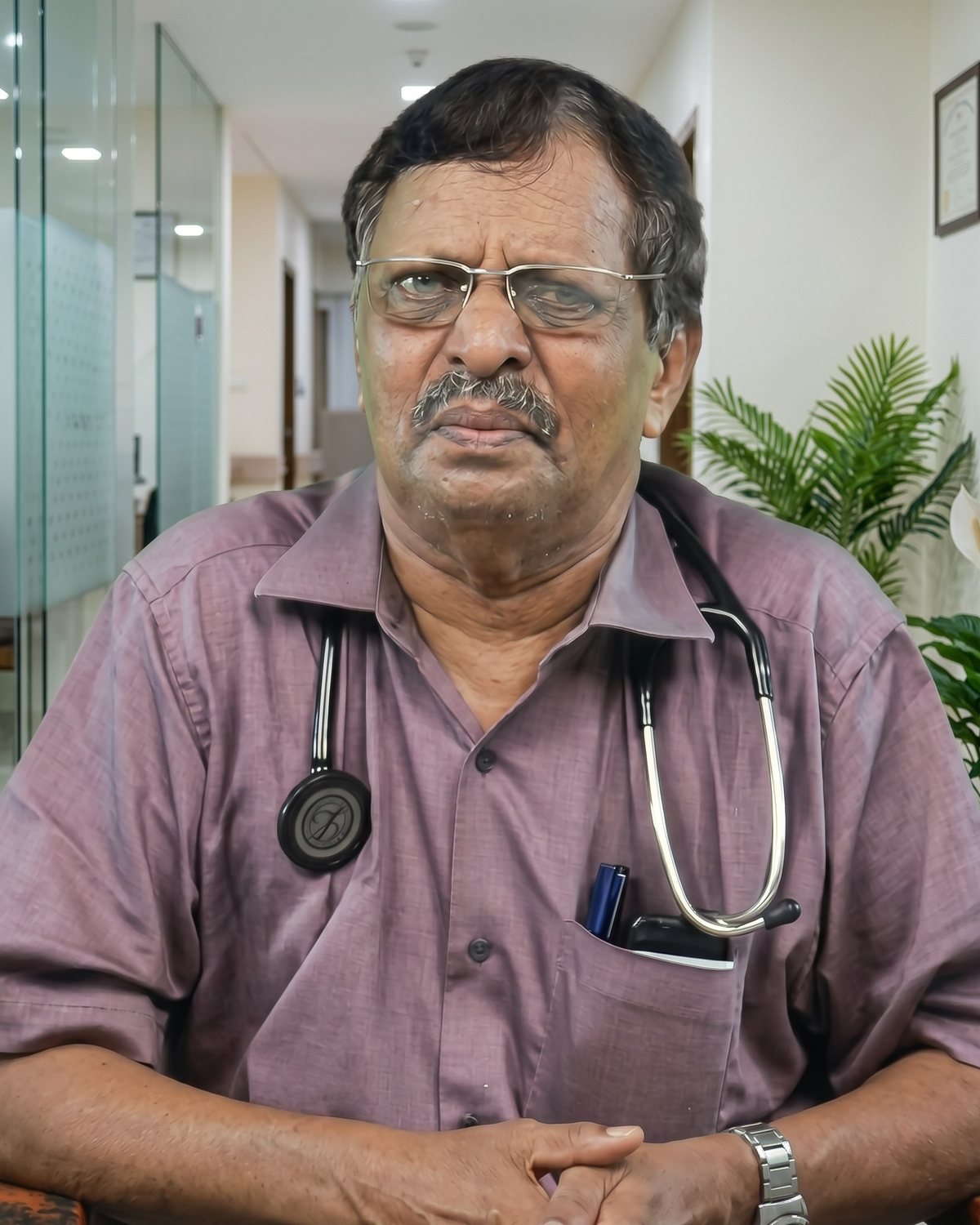 Dr. Nicholas Christy, Consultant Neuro Psychiatrist, seated in his consulting room with a stethoscope