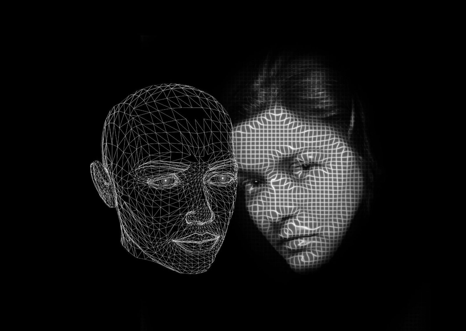 A wireframe model of a head beside a face lit with a grid of light