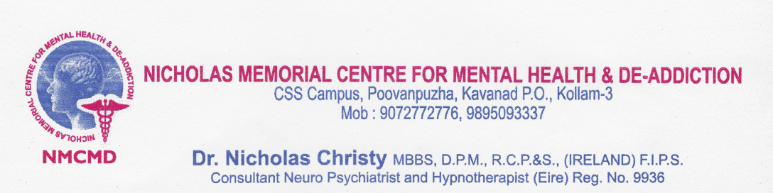 Official letterhead of Nicholas Memorial Centre for Mental Health and De-Addiction, with the logo, address and Dr. Nicholas Christy's qualifications